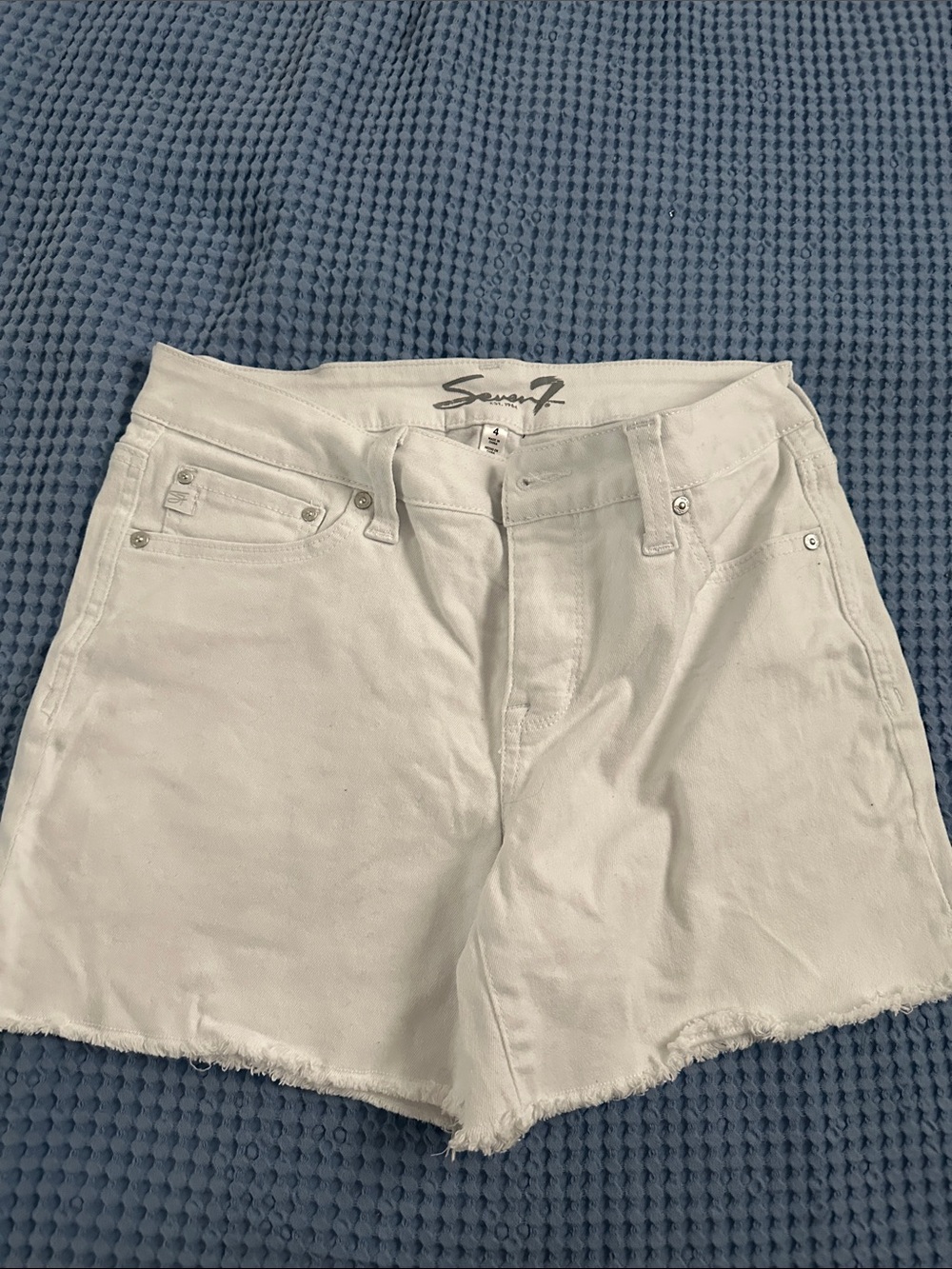 Seven7 White High-Rise Frayed Hem Denim Shorts